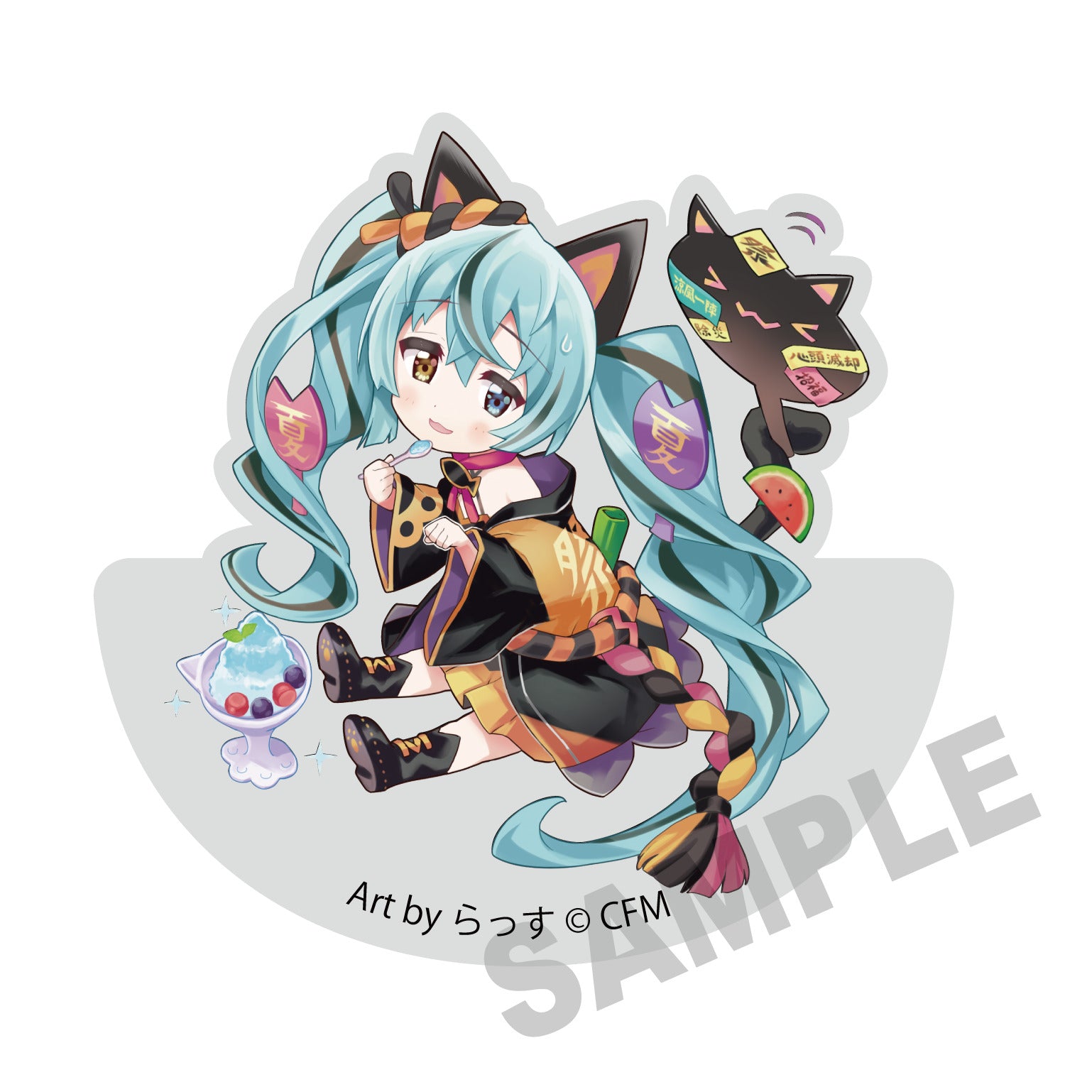 (Goods - Ornament) Hatsune Miku x Lucky Cat Wobbly Acrylic Block Hatsune Miku Black Cat Art by Rassu