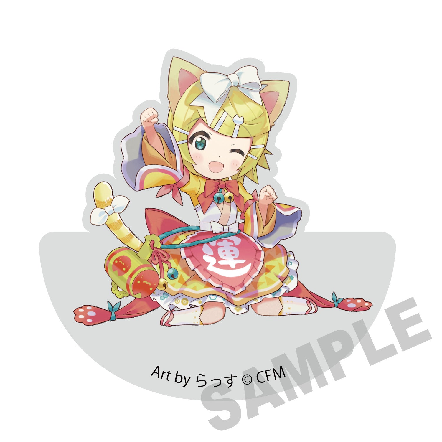 (Goods - Ornament) Hatsune Miku x Lucky Cat Wobbly Acrylic Block Kagamine Rin Art by Rassu