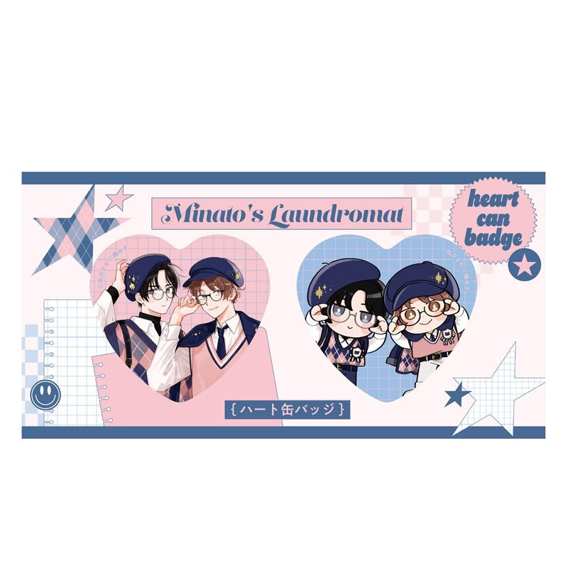 (Goods - Badge) Kadokawa BL Fair Heart-Shaped Badge Set PINK/NAVY TRAD. CLUB Ver. Minato's Laundromat