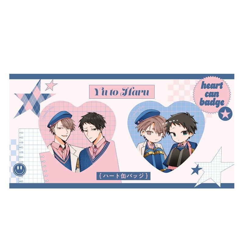 (Goods - Badge) Kadokawa BL Fair Heart-Shaped Badge Set PINK/NAVY TRAD. CLUB Ver. Yu to Haru
